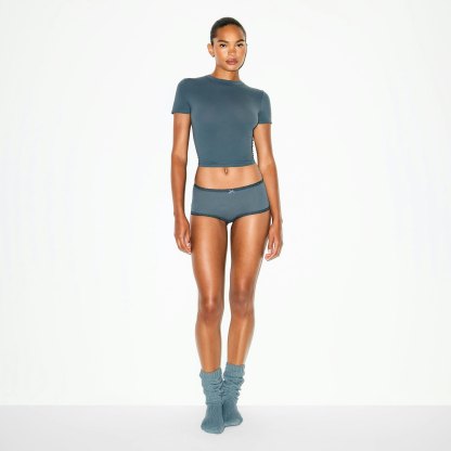 LIGHTWEIGHT COTTON POINTELLE LACE BOY SHORT - ZIRCON TONAL