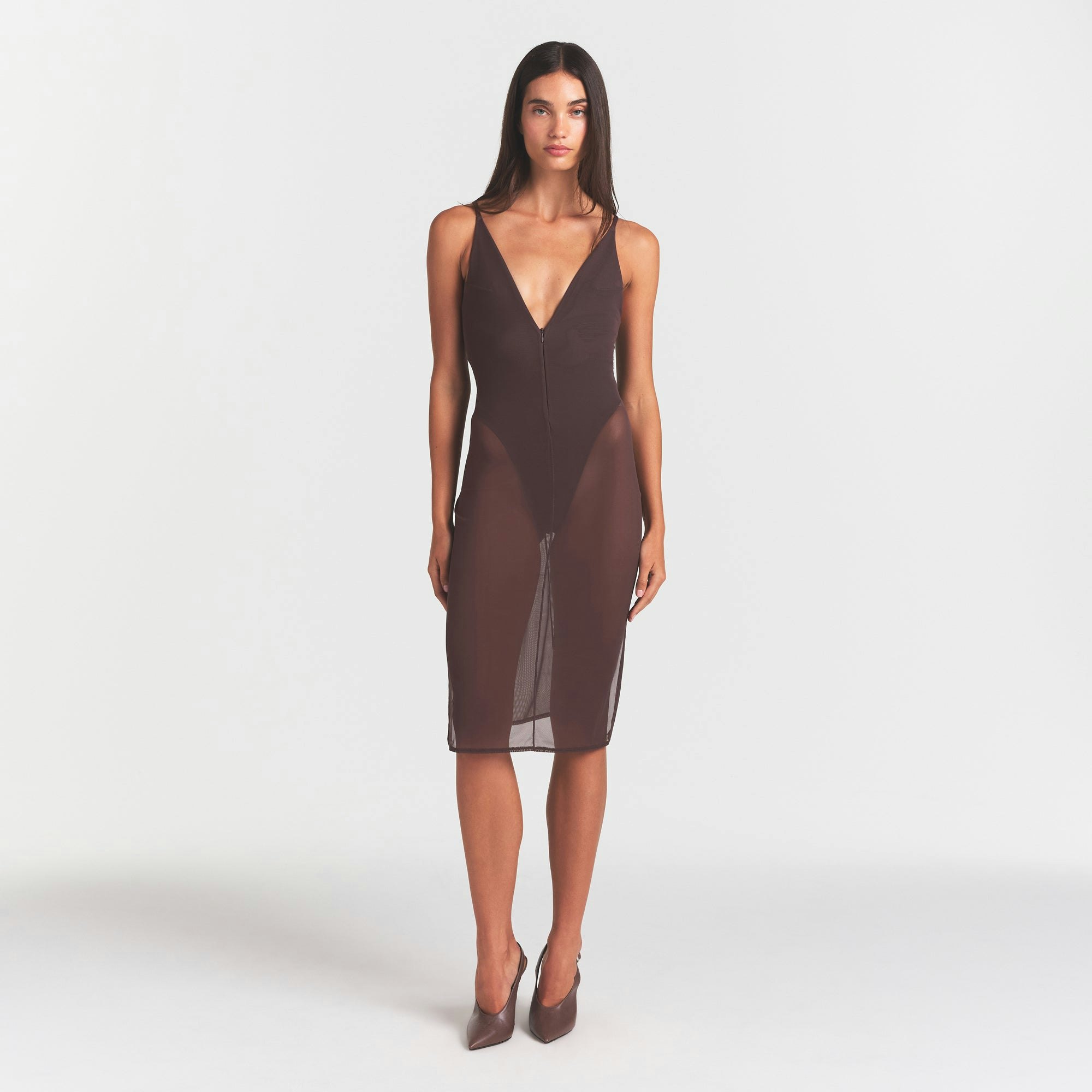 SKIMS BODY MESH PLUNGE MIDI DRESS - RAISIN