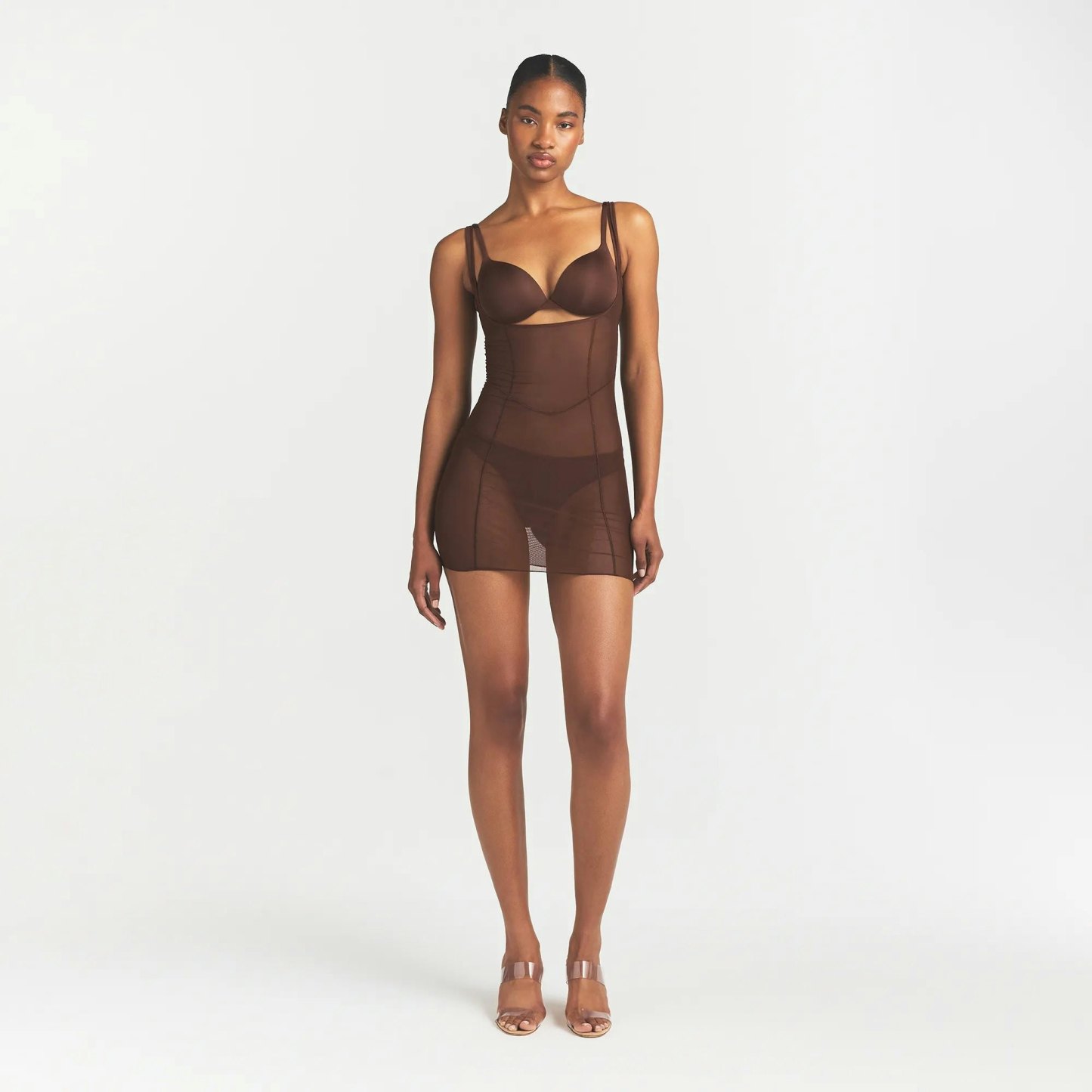 POWER MESH SHAPEWEAR OPEN BUST SLIP DRESS - COCOA