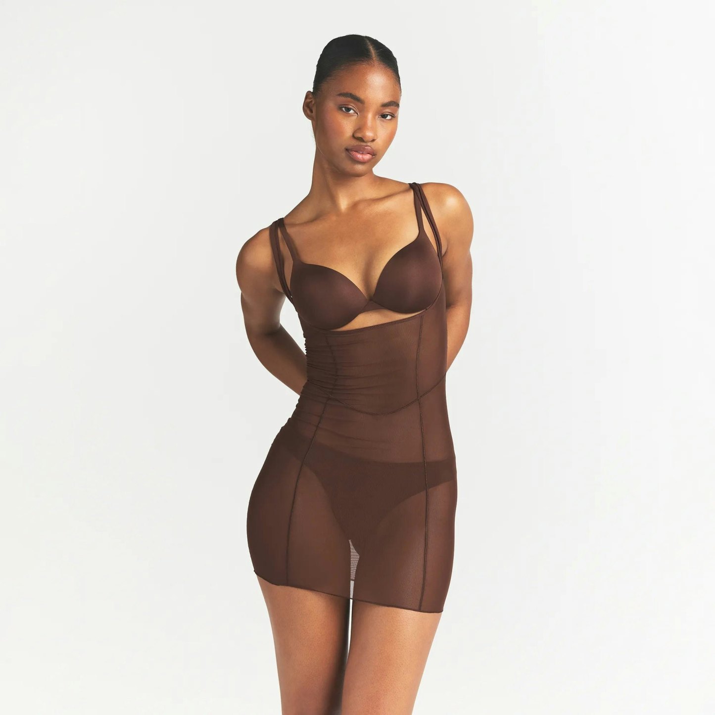 POWER MESH SHAPEWEAR OPEN BUST SLIP DRESS - COCOA