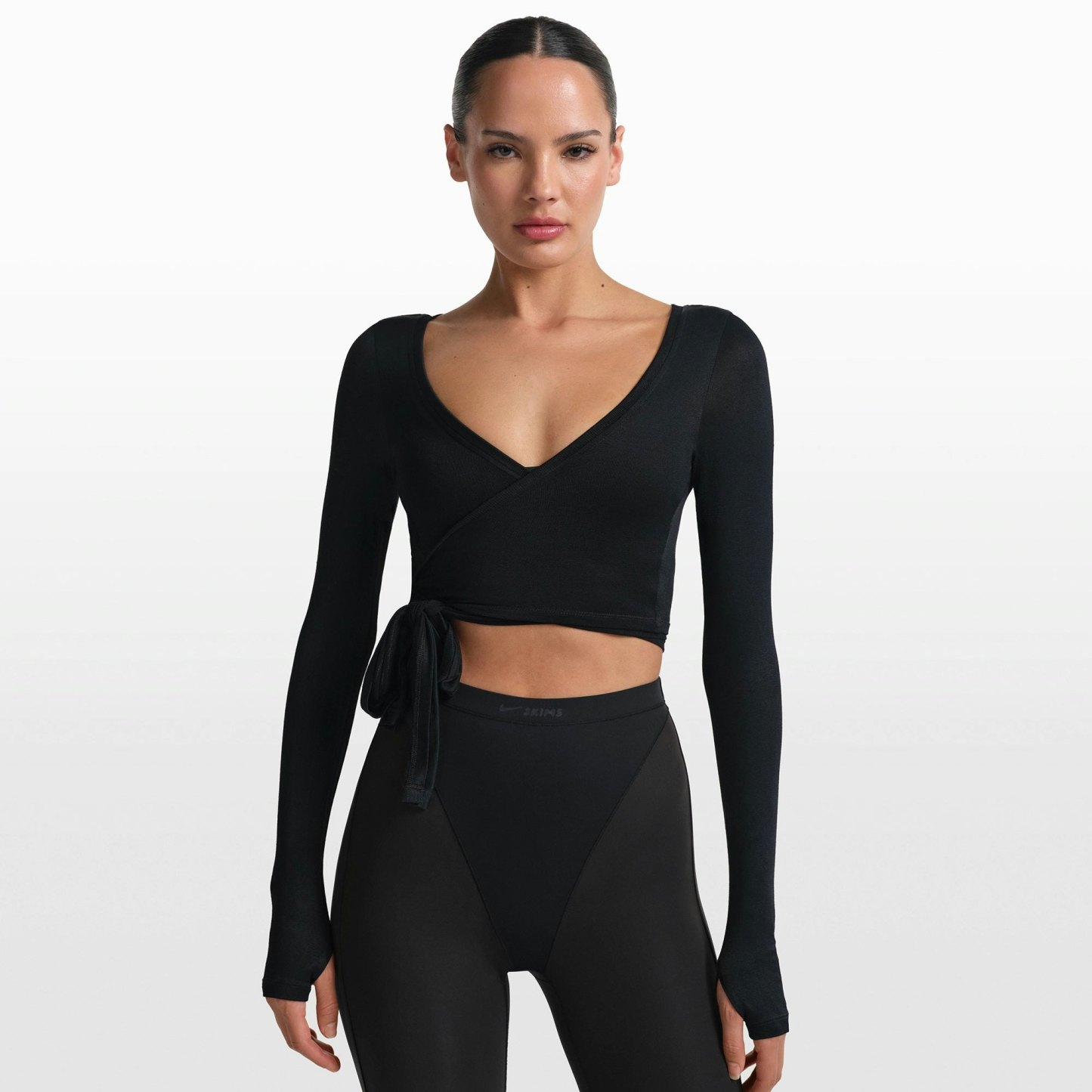 NikeSKIMS STRETCH KNIT WRAP LONG SLEEVE CROPPED TOP - OBSIDIAN - image 2