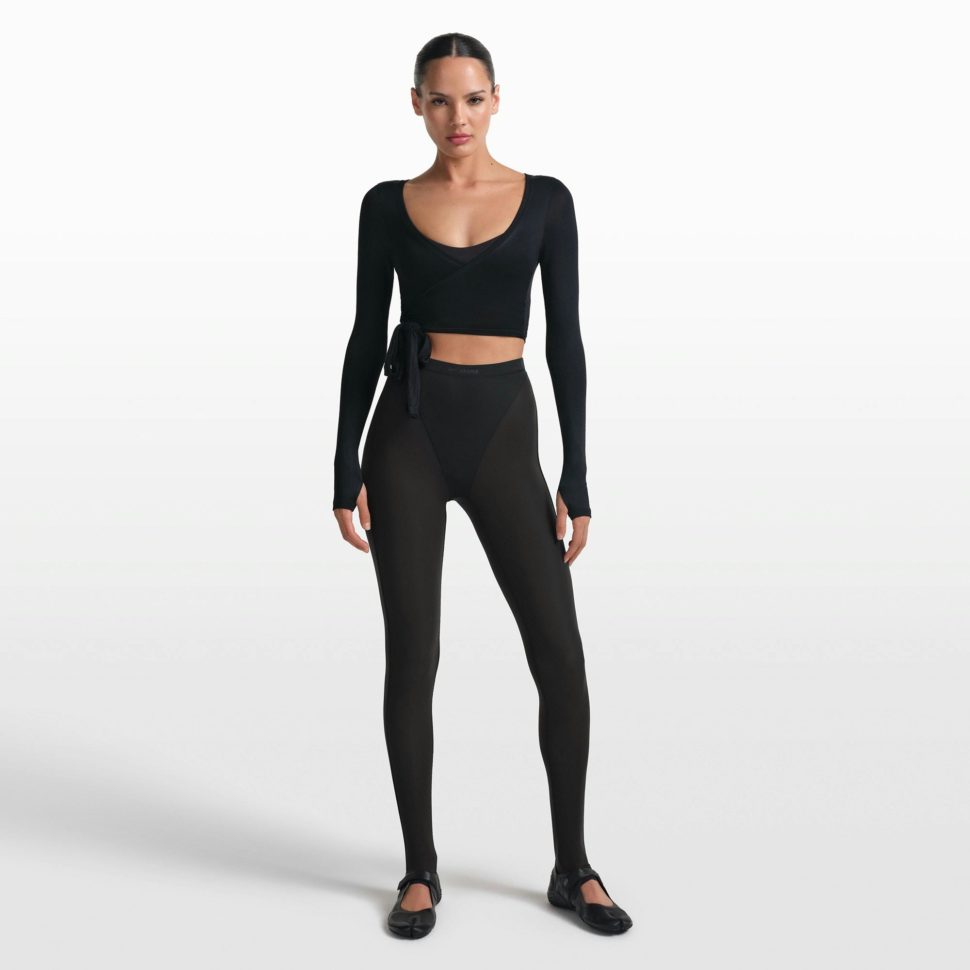 NikeSKIMS STRETCH KNIT WRAP LONG SLEEVE CROPPED TOP - OBSIDIAN