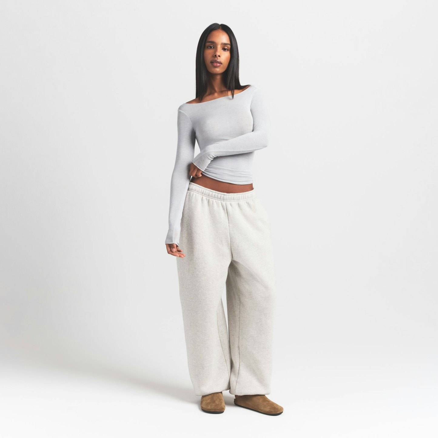 SHEER MODAL LONG SLEEVE BOATNECK TOP - HEATHER GREY - image 9