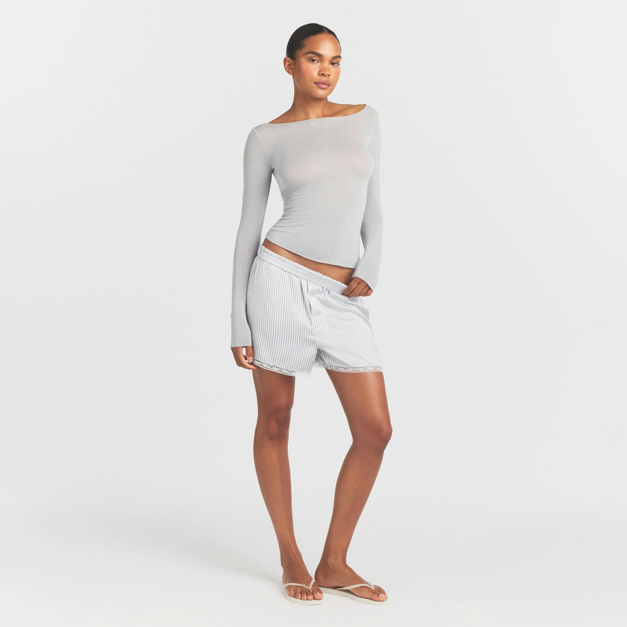 SHEER MODAL LONG SLEEVE BOATNECK TOP - HEATHER GREY - image 6