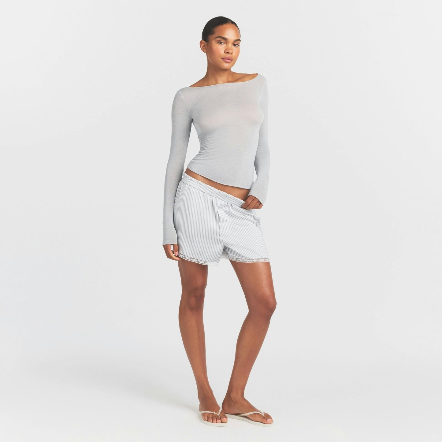 SHEER MODAL LONG SLEEVE BOATNECK TOP - HEATHER GREY - image 6