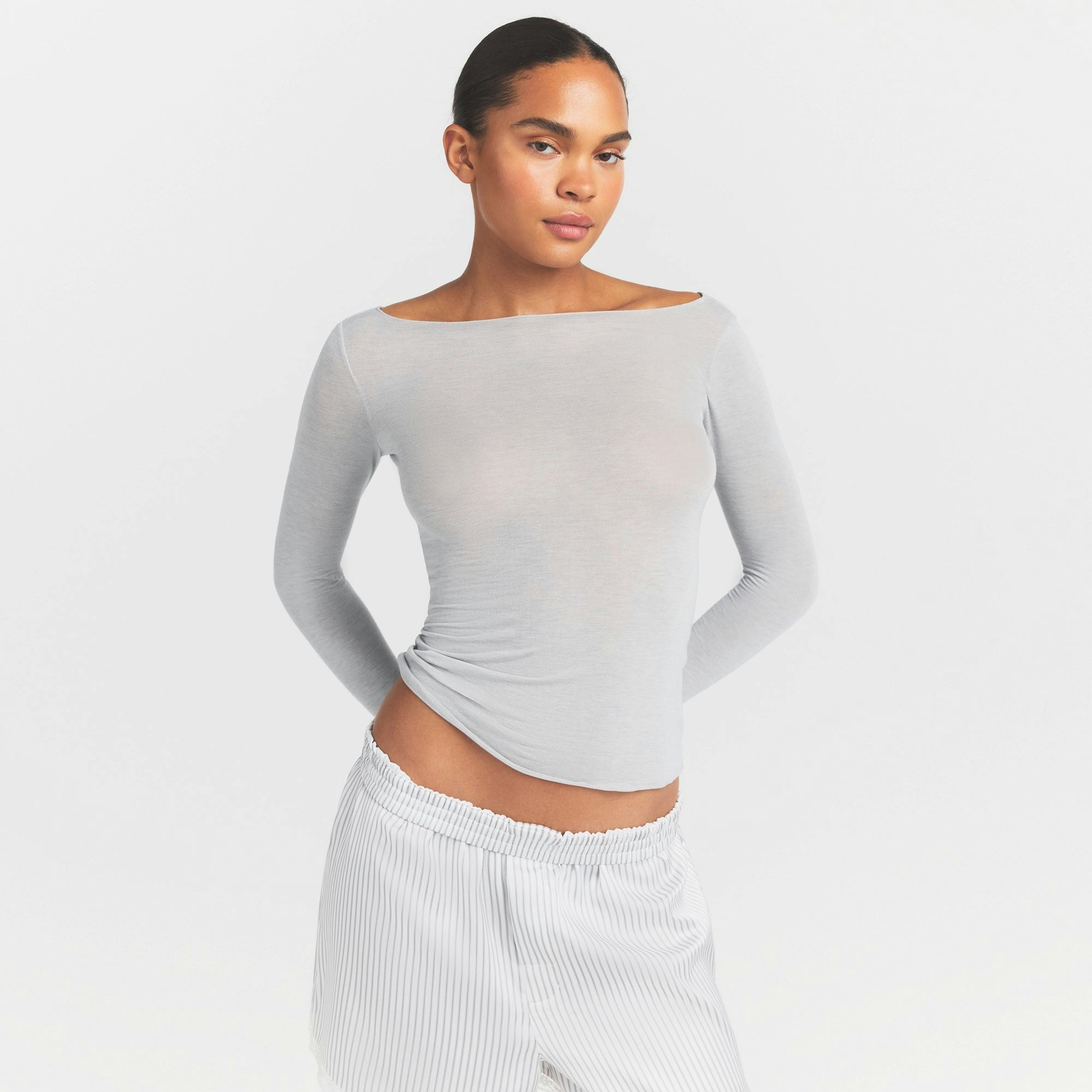 SHEER MODAL LONG SLEEVE BOATNECK TOP - HEATHER GREY - image 7