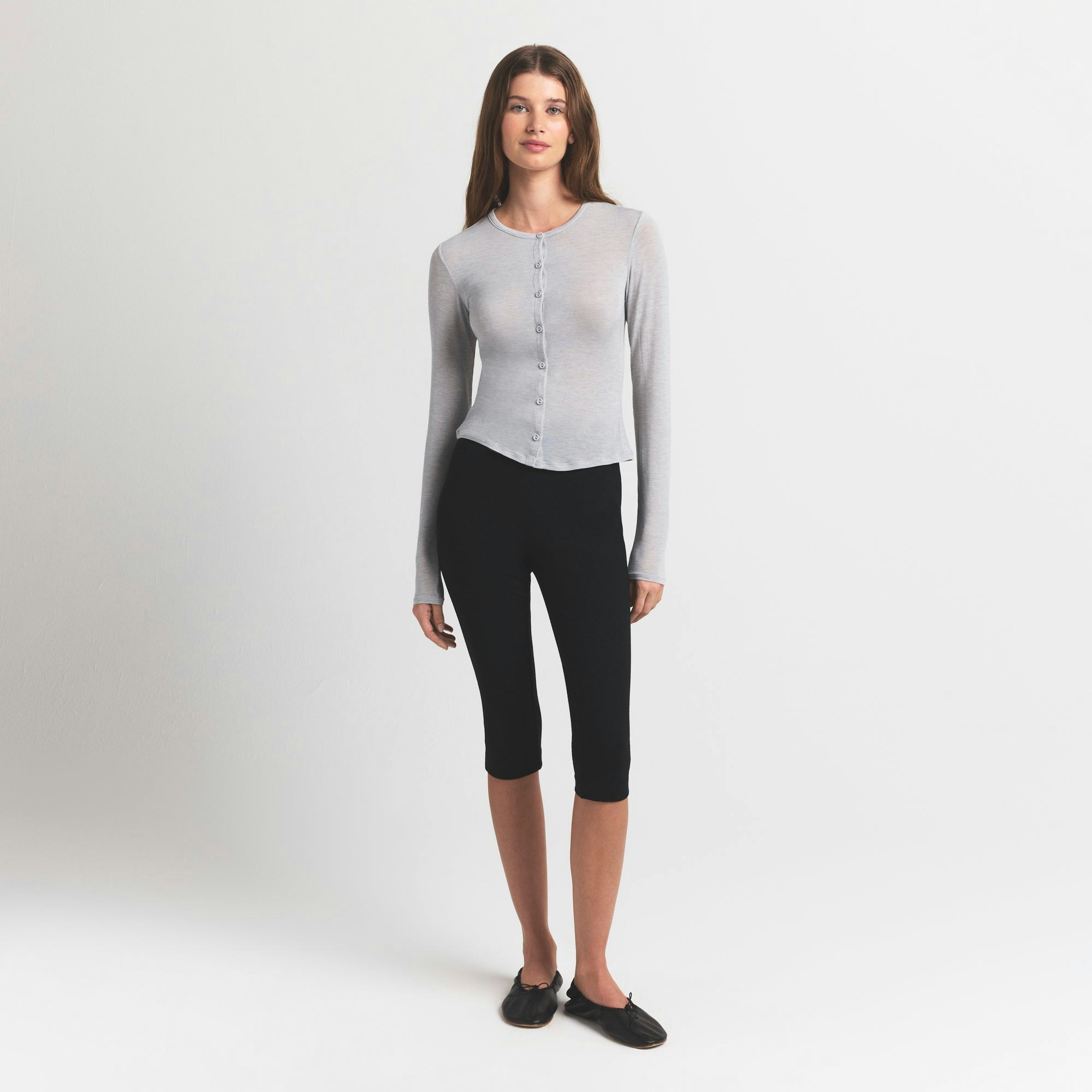 SHEER MODAL CARDIGAN WITH COVERED BUTTONS - HEATHER GREY - image 3