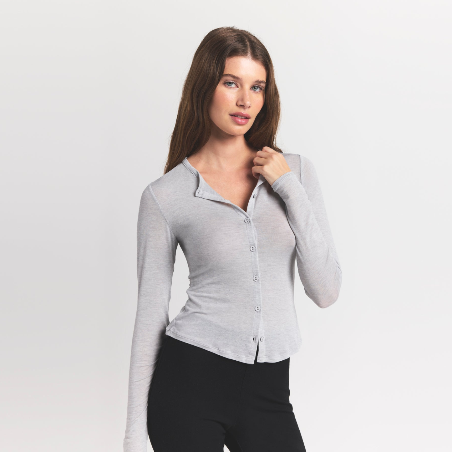 SHEER MODAL CARDIGAN WITH COVERED BUTTONS - HEATHER GREY - image 2