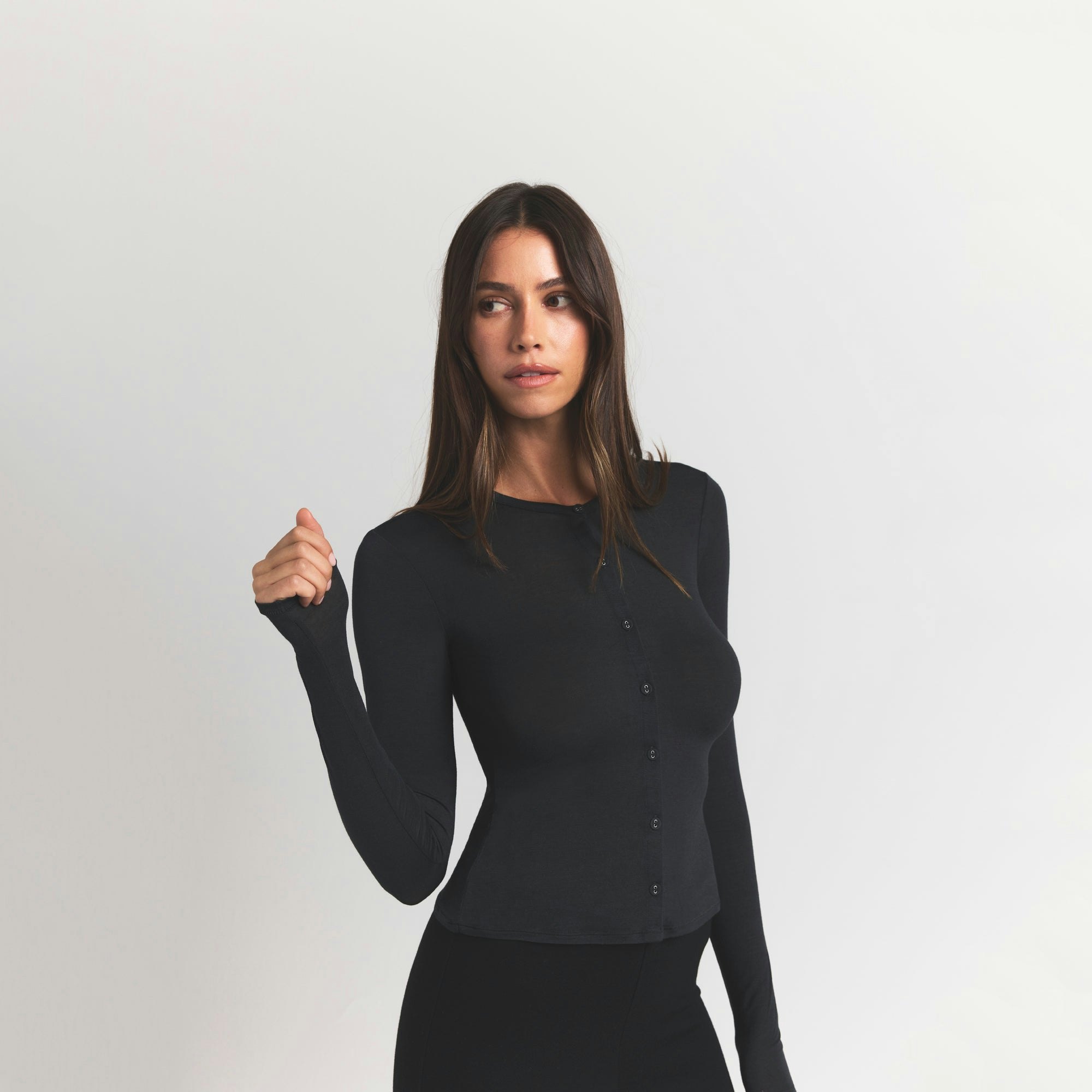 SHEER MODAL CARDIGAN WITH COVERED BUTTONS - ONYX - image 20