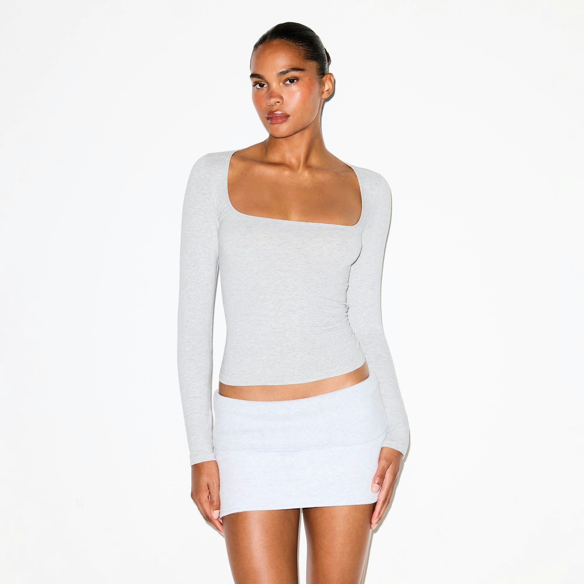 COTTON JERSEY SCOOP NECK LONG SLEEVE TOP - LIGHT HEATHER GREY - image 2