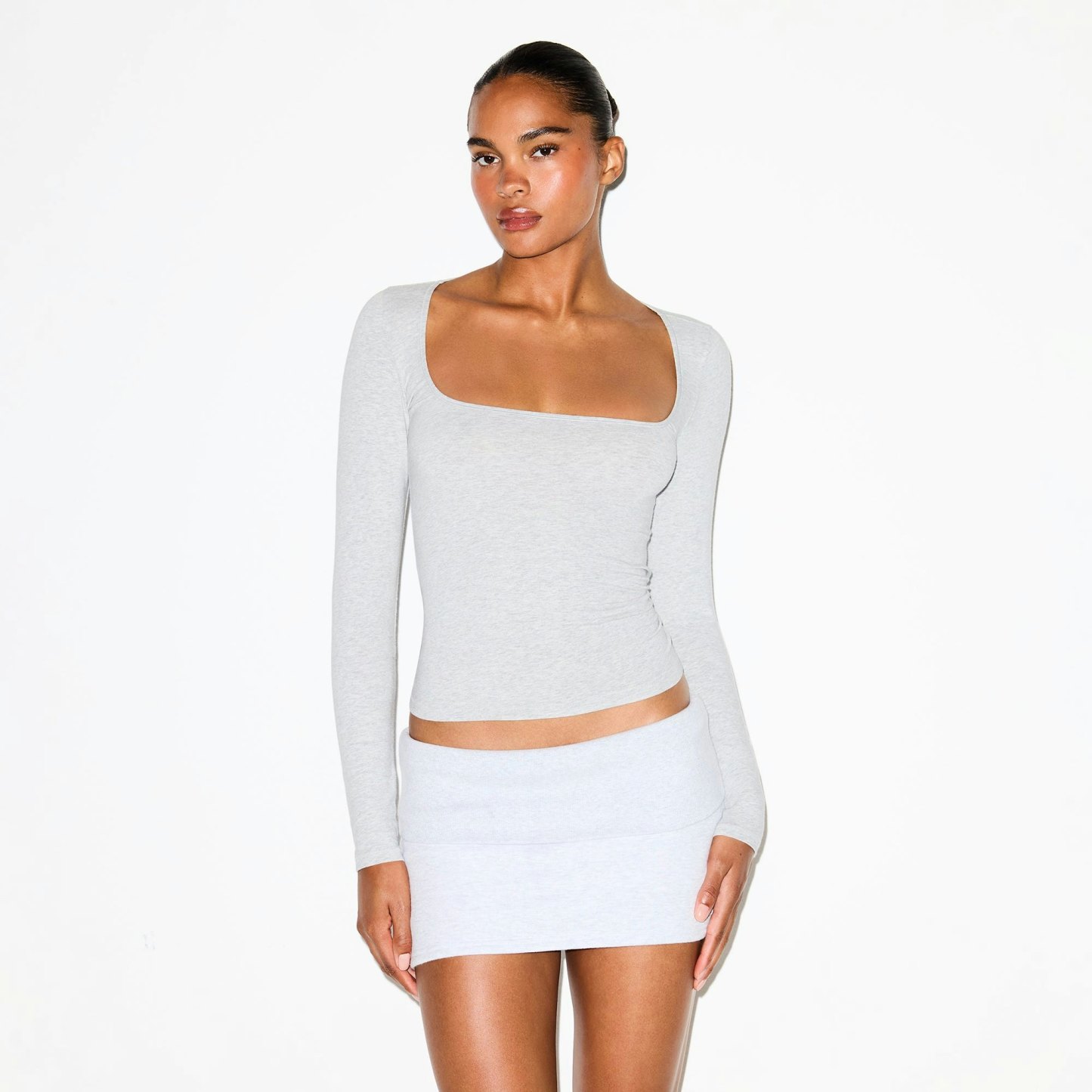 COTTON JERSEY SCOOP NECK LONG SLEEVE TOP - LIGHT HEATHER GREY - image 2