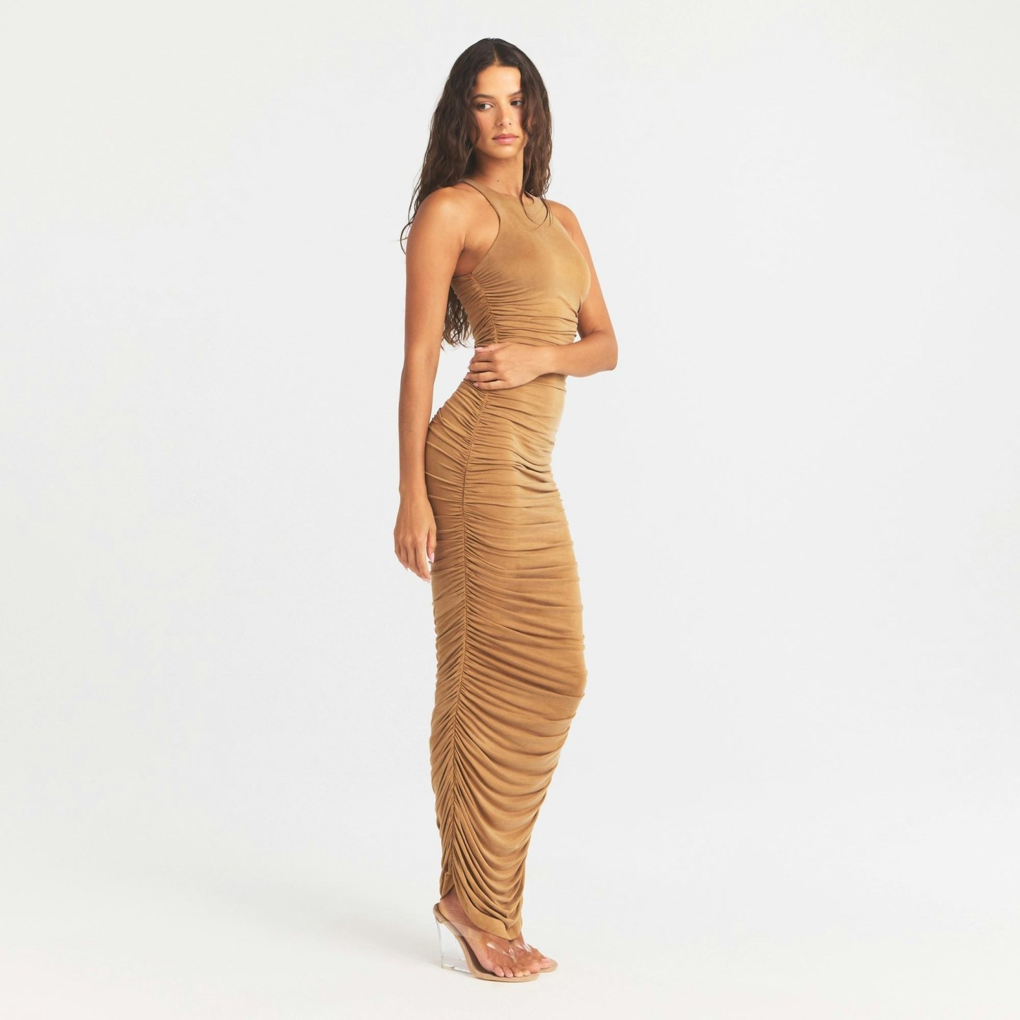 CUPRO JERSEY RUCHED LONG DRESS - ALMOND - image 7