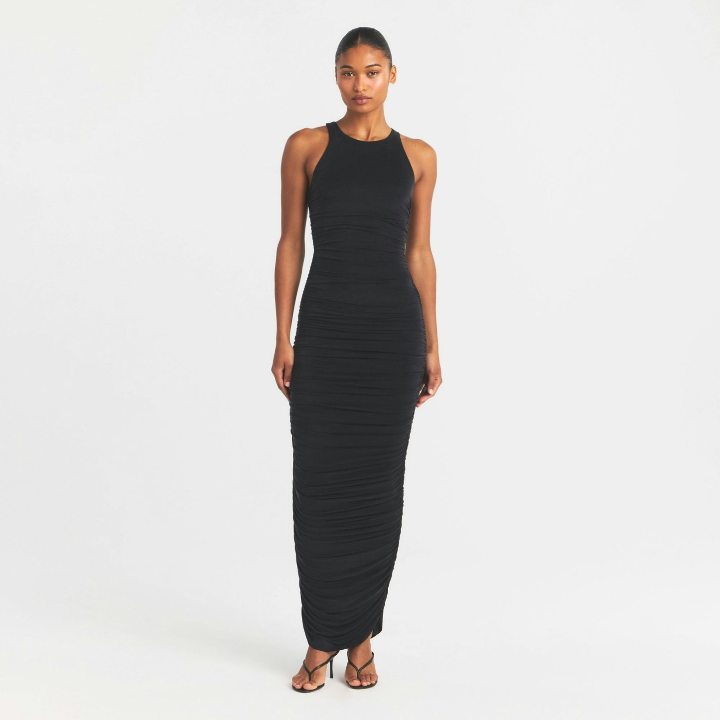 CUPRO JERSEY RUCHED LONG DRESS - OBSIDIAN - image 16