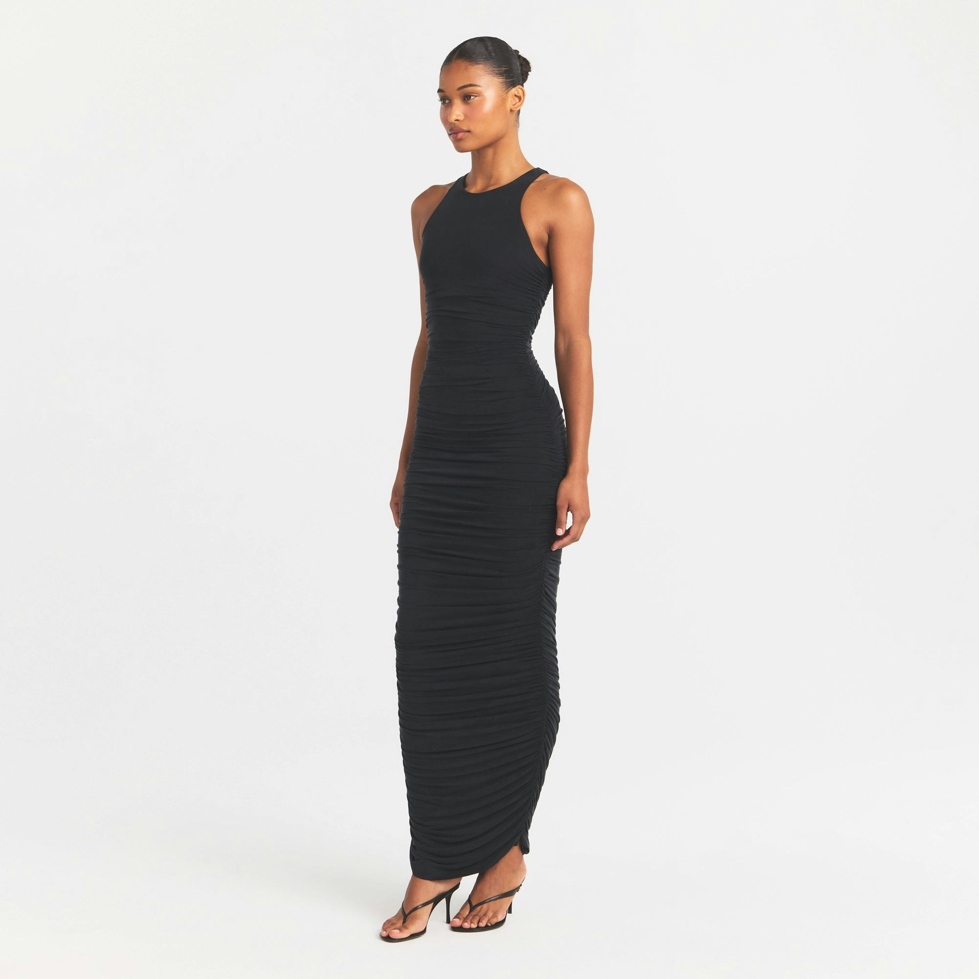 CUPRO JERSEY RUCHED LONG DRESS - OBSIDIAN - image 15