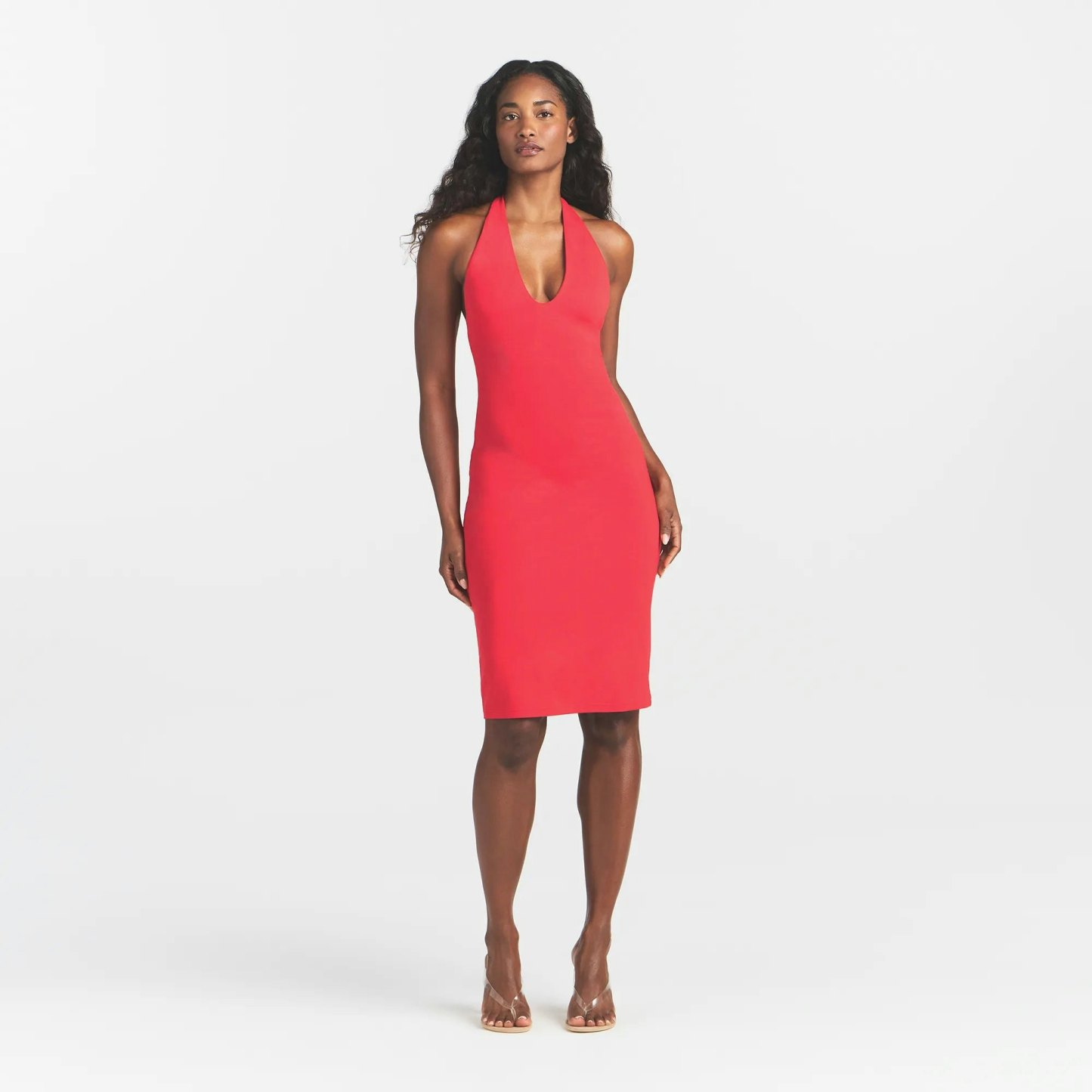 SMOOTH LAYERS PLUNGE HALTER MIDI DRESS - CARMINE