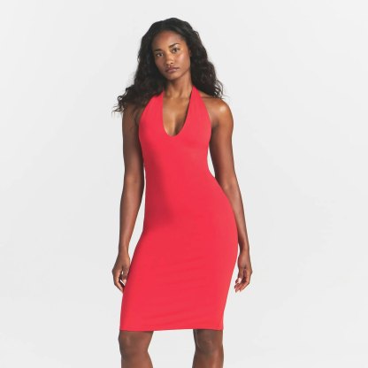 SMOOTH LAYERS PLUNGE HALTER MIDI DRESS - CARMINE - image 2