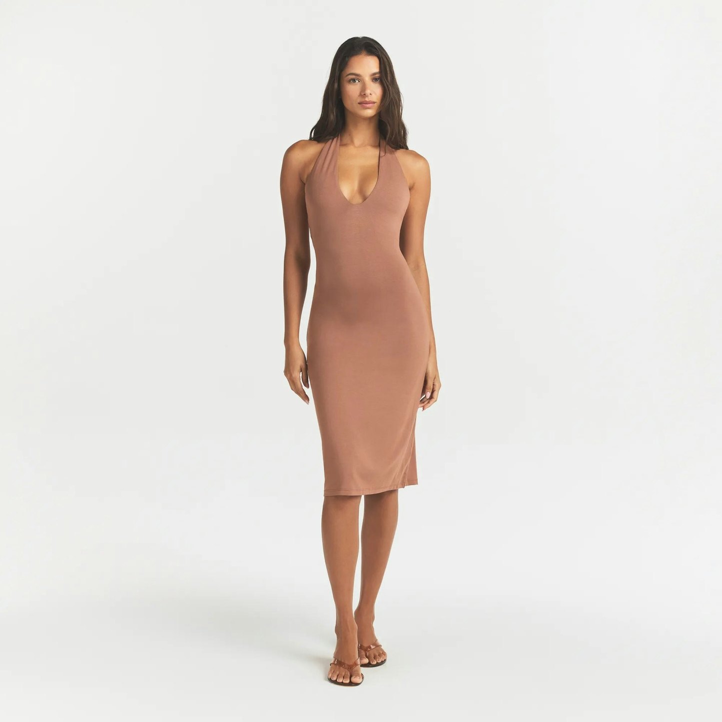 SMOOTH LAYERS PLUNGE HALTER MIDI DRESS - NUTMEG - image 12