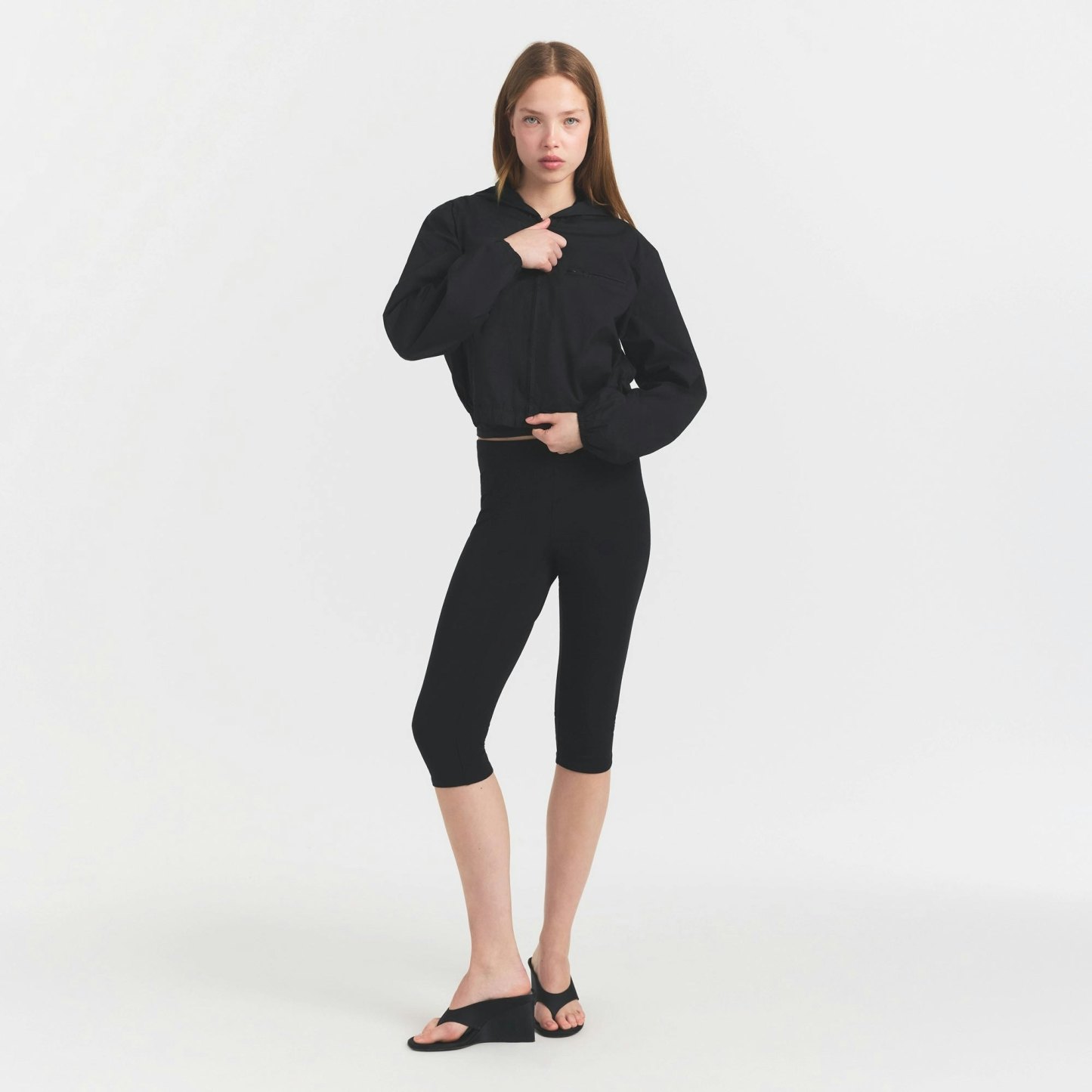 WOVEN COTTON CROPPED ZIP UP JACKET - ONYX