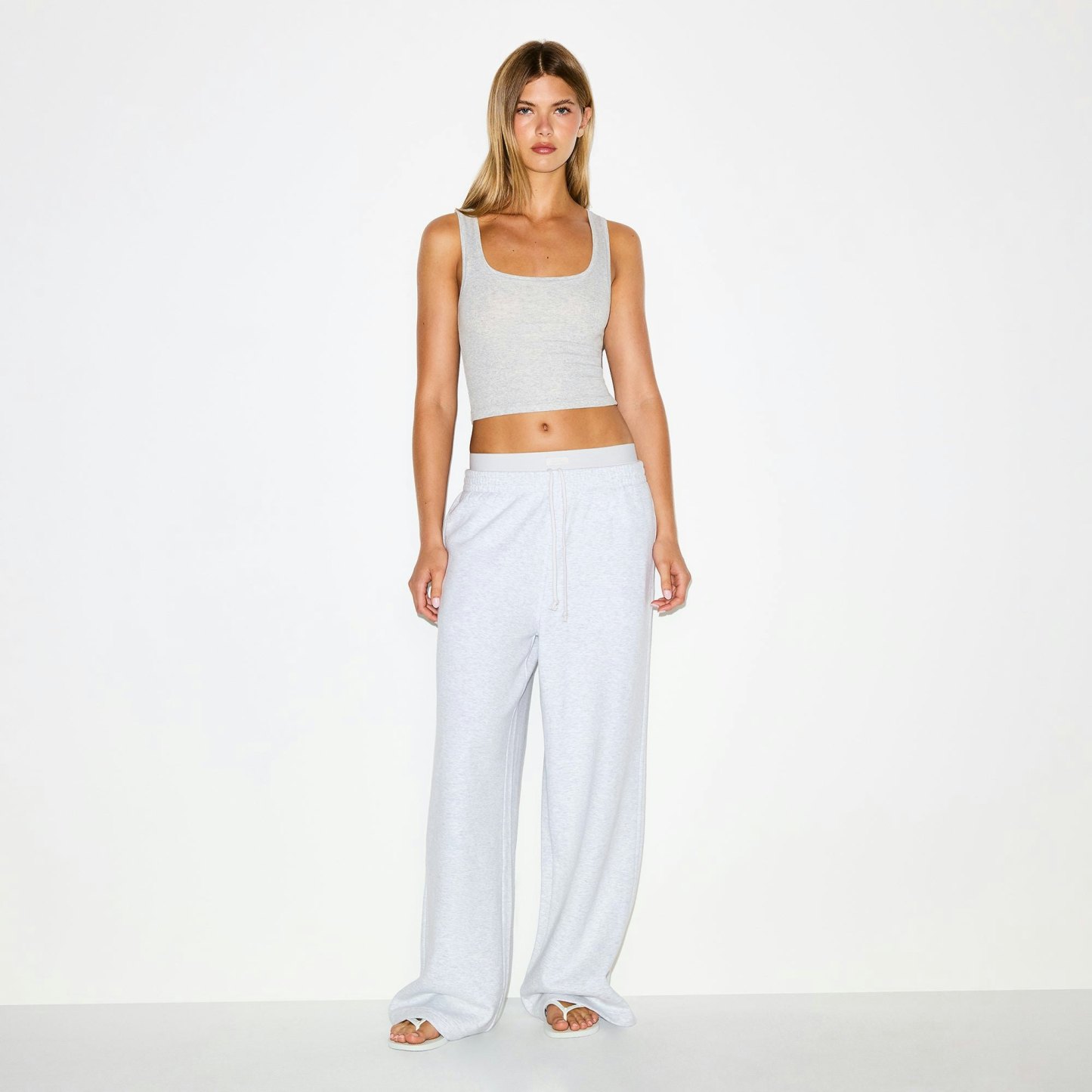 COTTON FLEECE OVERSIZED DOUBLE WAISTBAND PANT - LIGHT HEATHER GREY