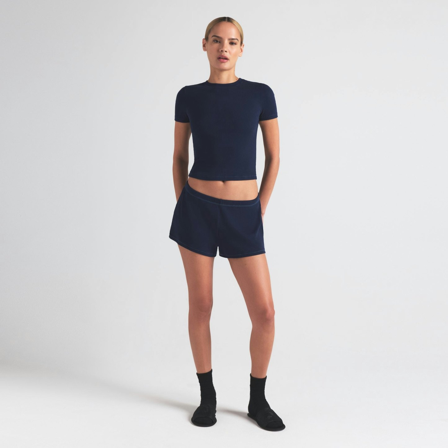 COTTON RIB LOOSE SHORT - NAVY