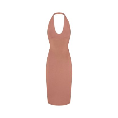SMOOTH LAYERS PLUNGE HALTER MIDI DRESS - NUTMEG - image 17