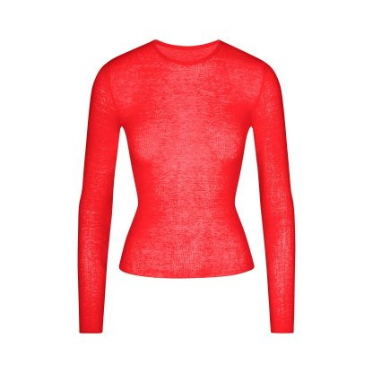 SHEER RIB LONG SLEEVE TOP - CARMINE - image 5