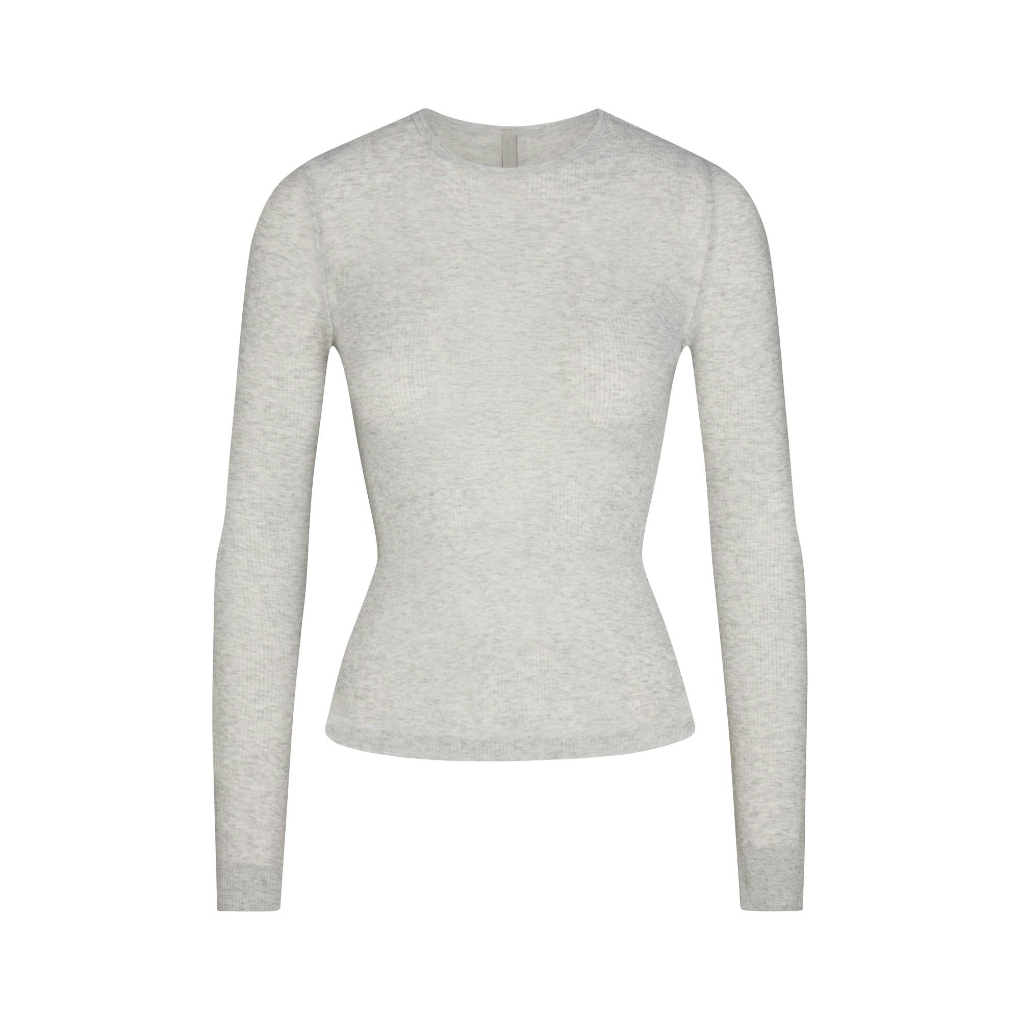 SHEER RIB LONG SLEEVE TOP - LIGHT HEATHER GREY - image 15