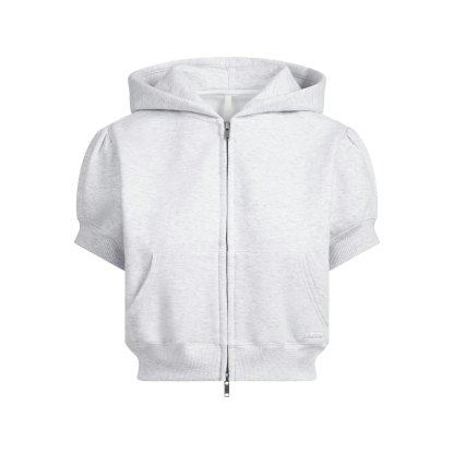 COTTON FLEECE BUBBLE SLEEVE CROPPED ZIP UP - LIGHT HEATHER GREY - image 8