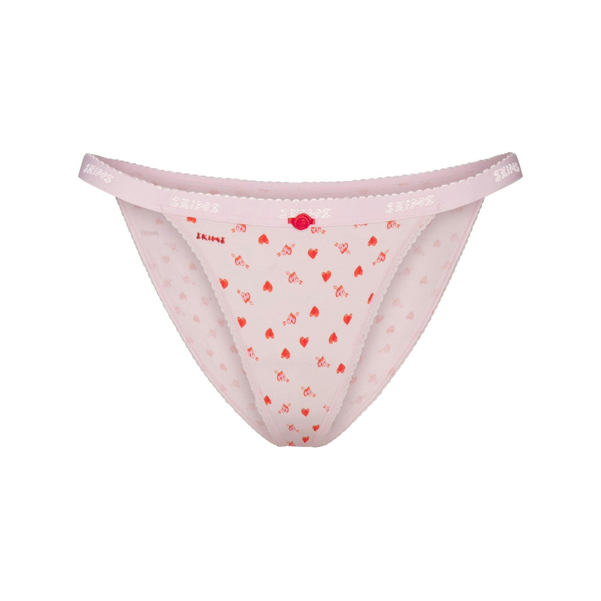 LIGHTWEIGHT COTTON LOGO PICOT STRING BIKINI - BABY PINK ARROWED HEARTS