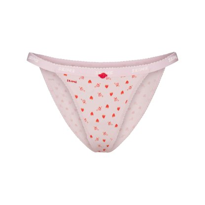 LIGHTWEIGHT COTTON LOGO PICOT STRING BIKINI - BABY PINK ARROWED HEARTS