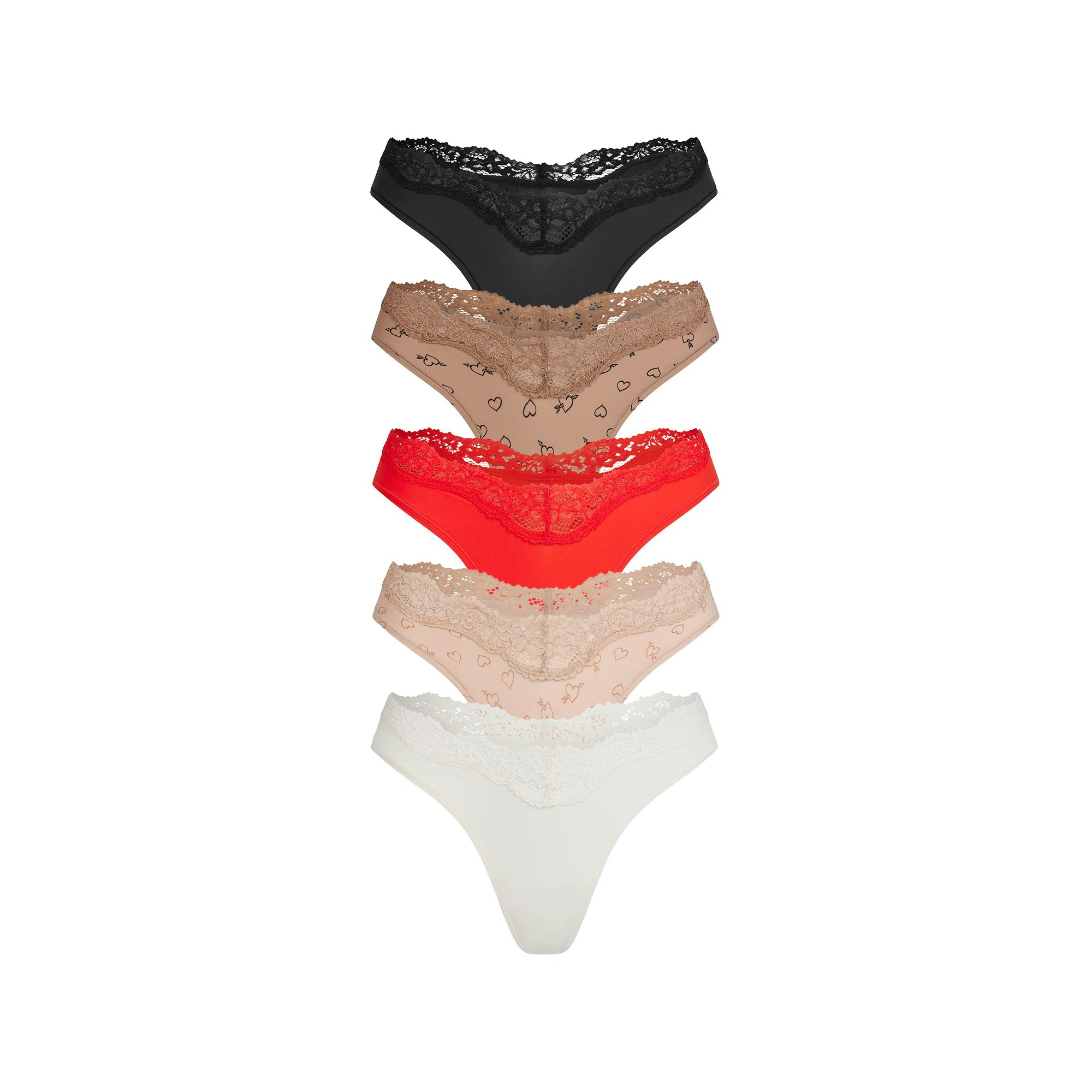 FITS EVERYBODY LACE DIPPED THONG 5-PACK - SKETCHED HEARTS MULTI