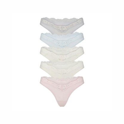 FITS EVERYBODY LACE DIPPED THONG 5-PACK - IVORY PEARL BOW MULTI