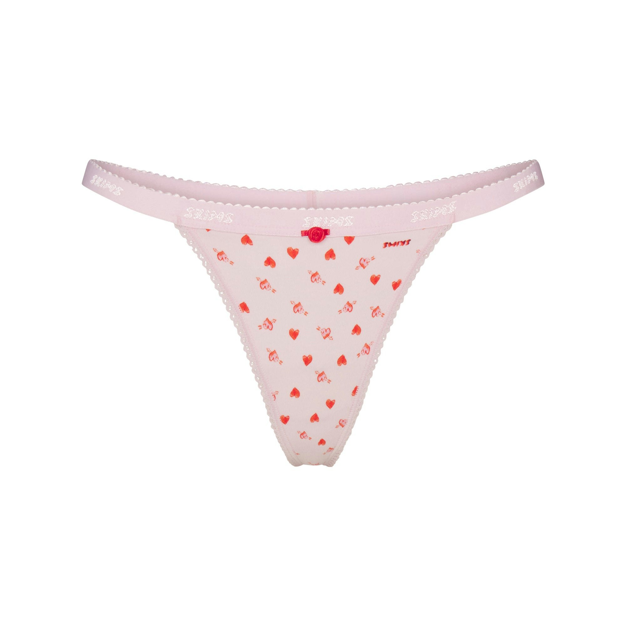 LIGHTWEIGHT COTTON LOGO PICOT THONG - BABY PINK ARROWED HEARTS