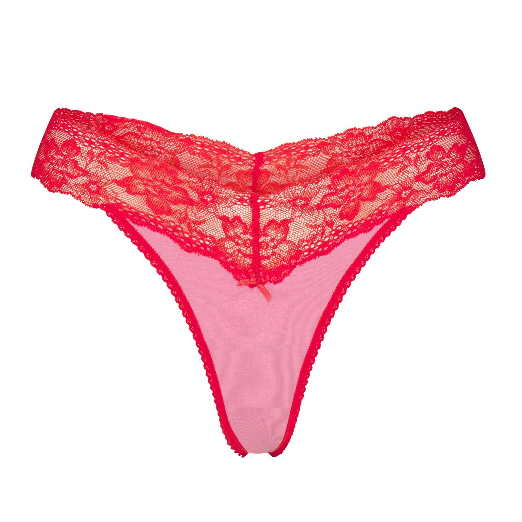 LIGHTWEIGHT COTTON WIDE LACE THONG - CARNATION CONTRAST