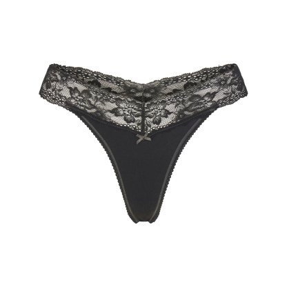 LIGHTWEIGHT COTTON WIDE LACE THONG - SOOT TONAL