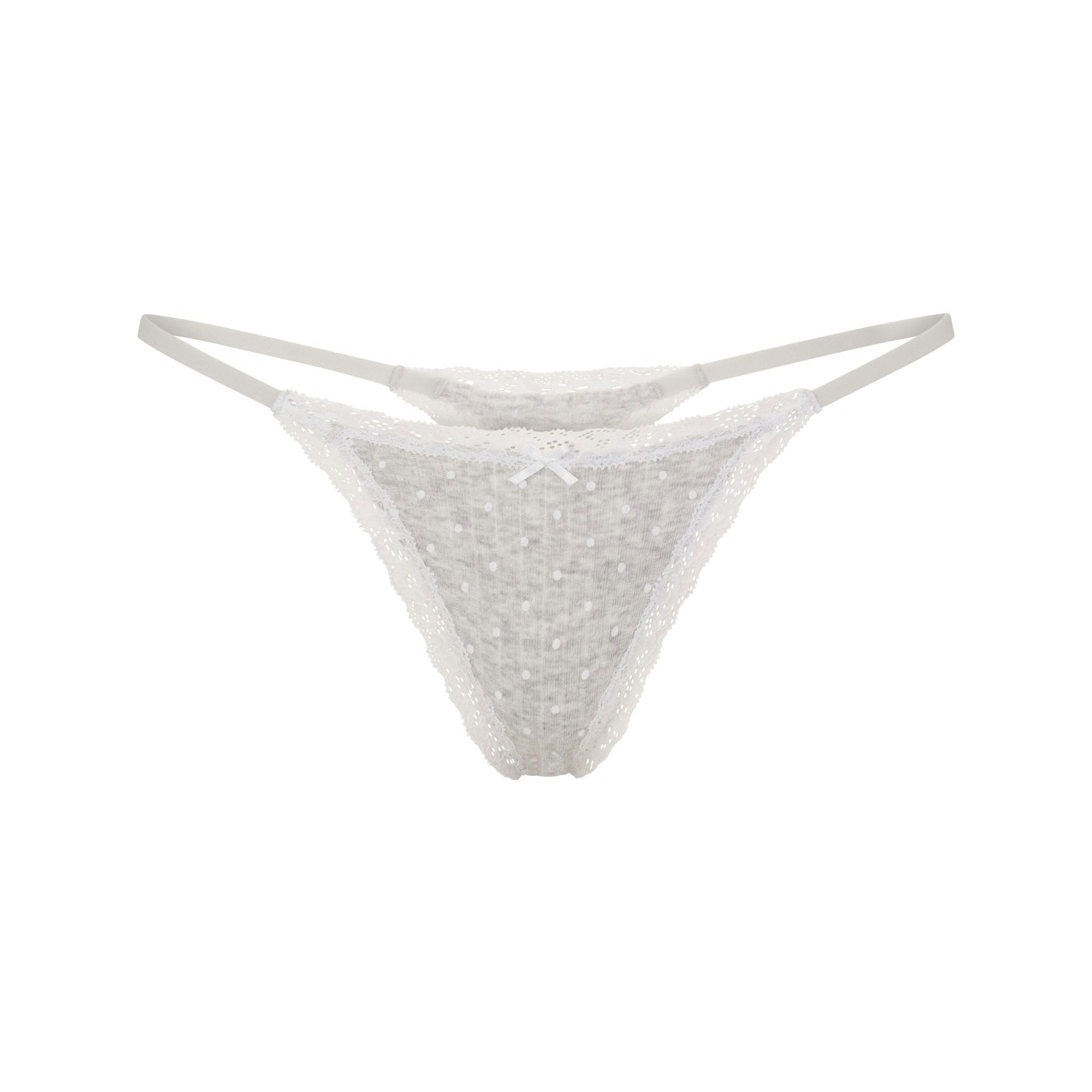 LIGHTWEIGHT COTTON POINTELLE LACE STRING THONG - LIGHT HEATHER GREY PIN DOT
