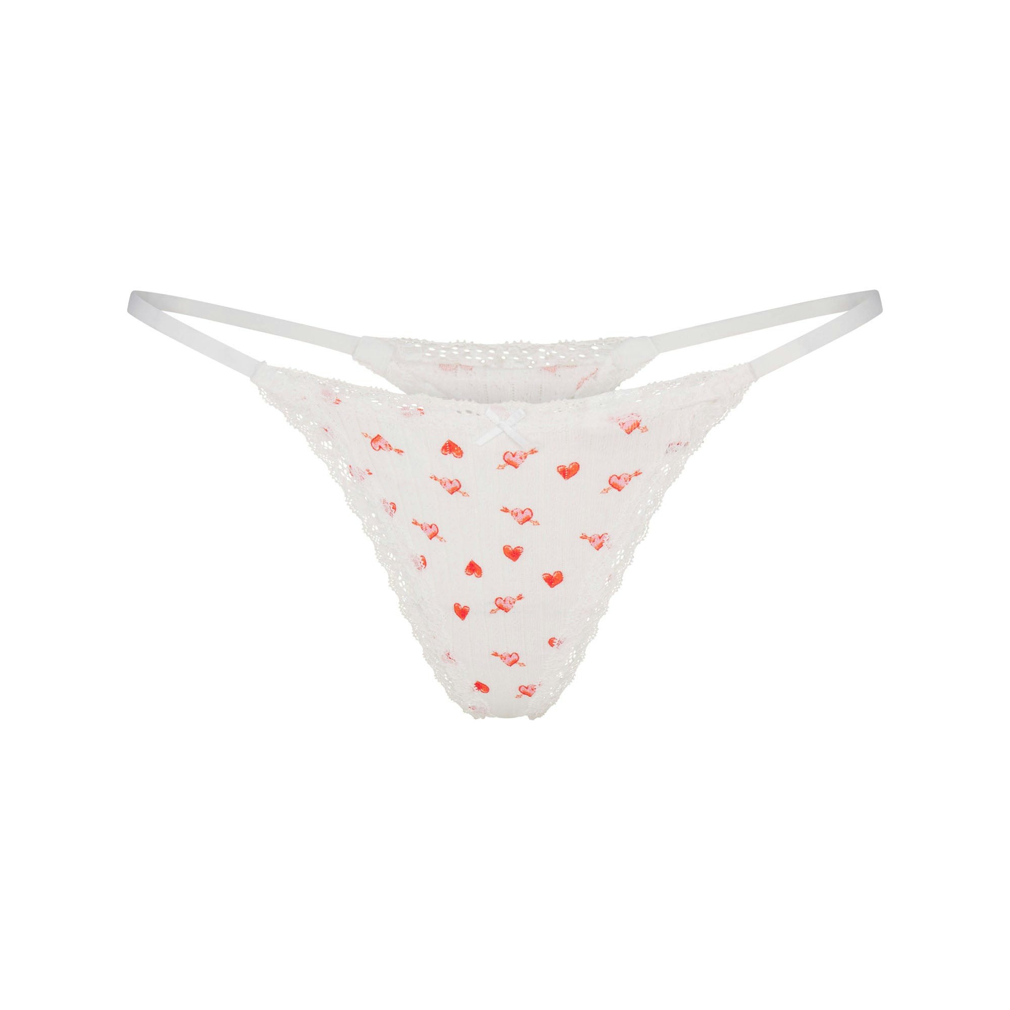 LIGHTWEIGHT COTTON POINTELLE LACE STRING THONG - SNOW ARROWED HEARTS