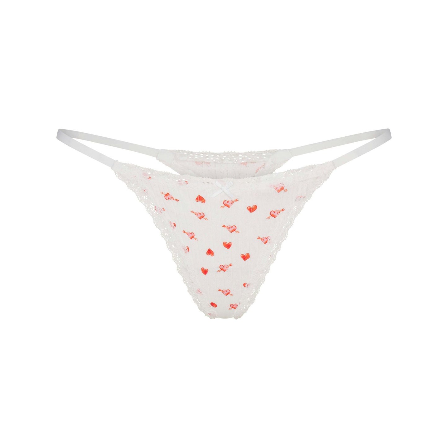 LIGHTWEIGHT COTTON POINTELLE LACE STRING THONG - SNOW ARROWED HEARTS
