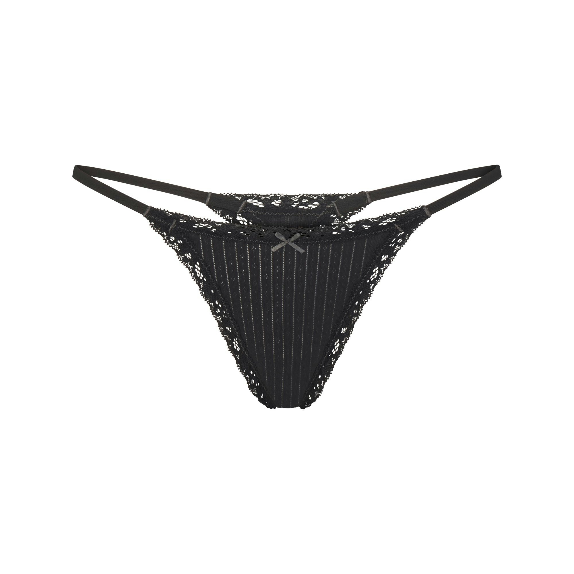 LIGHTWEIGHT COTTON POINTELLE LACE STRING THONG - SOOT TONAL