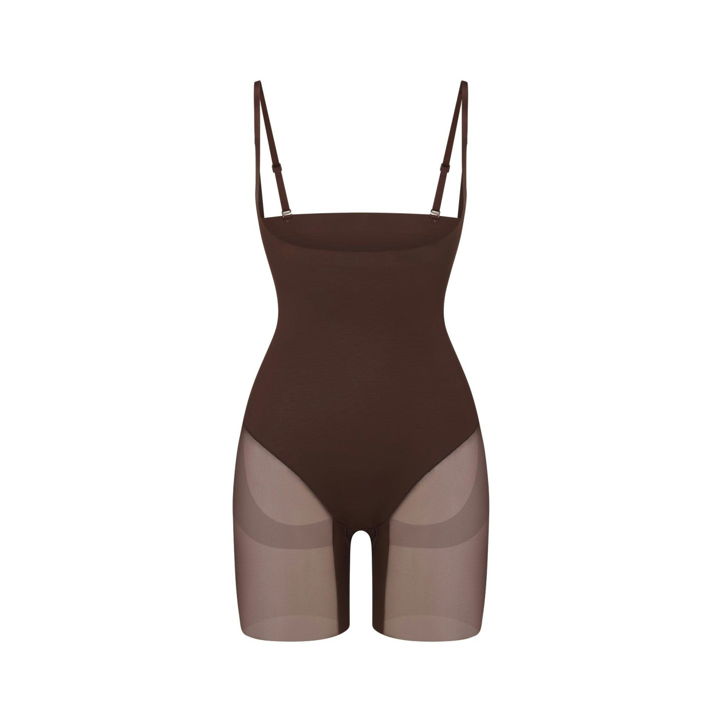 POWER MESH SHAPEWEAR CORE SCULPT OPEN BUST MID THIGH BODYSUIT - COCOA