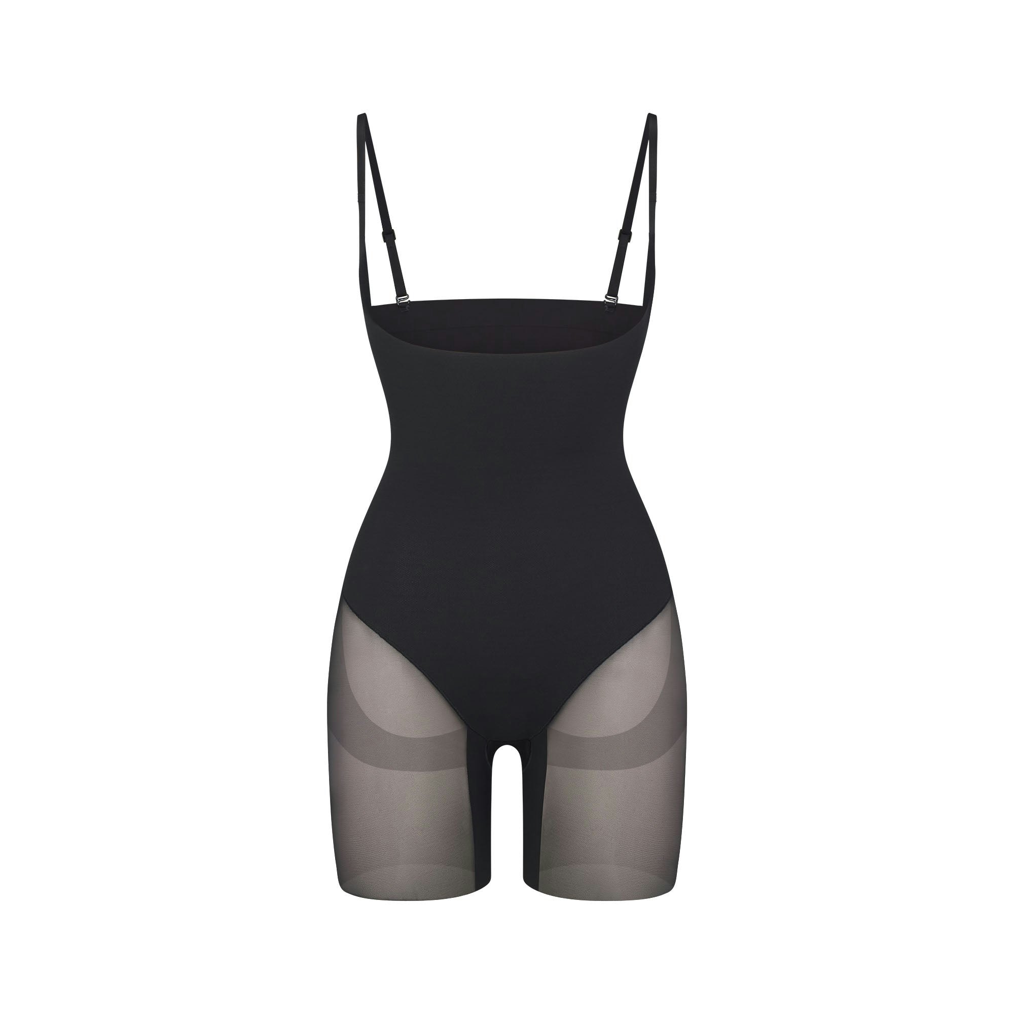 POWER MESH SHAPEWEAR CORE SCULPT OPEN BUST MID THIGH BODYSUIT - ONYX
