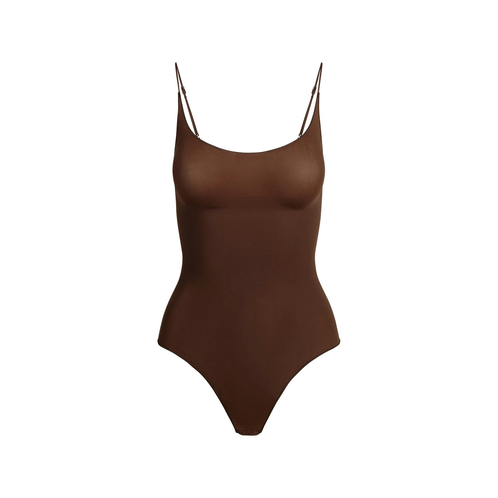 SHEER SEAMLESS THONG BODYSUIT - COCOA