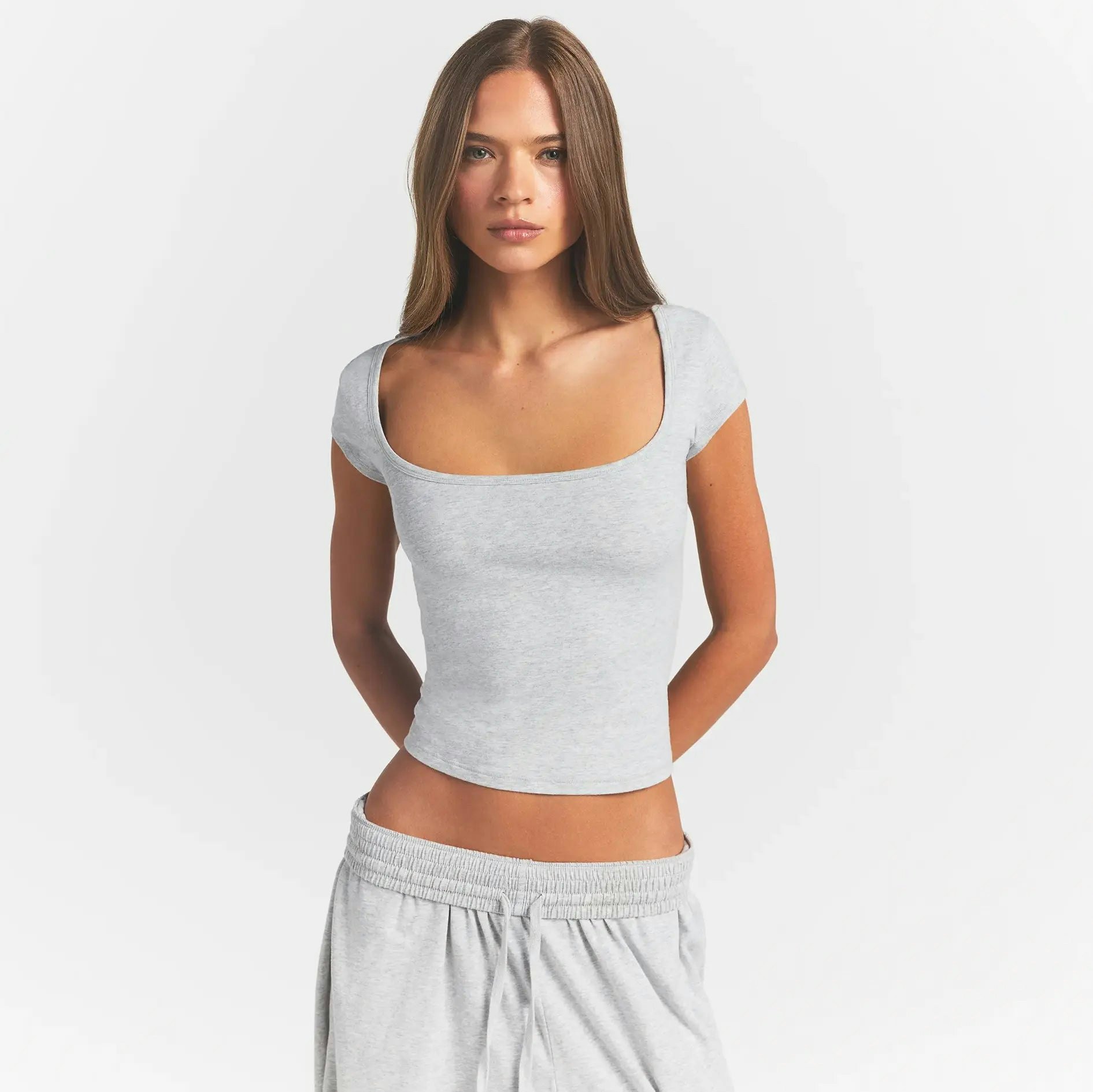 COTTON JERSEY SCOOP NECK T-SHIRT - LIGHT HEATHER GREY - image 18