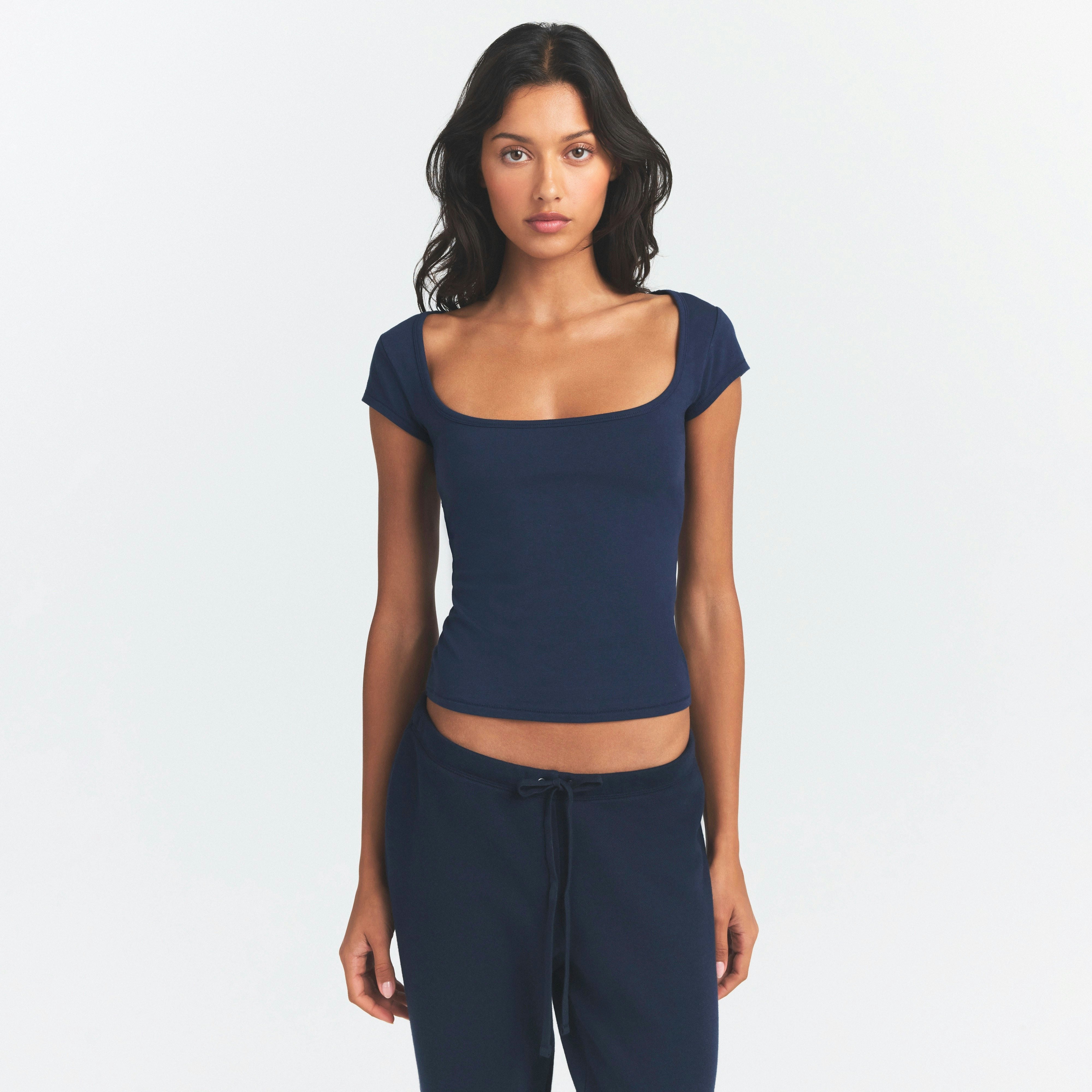 COTTON JERSEY SCOOP NECK T-SHIRT - NAVY - image 13