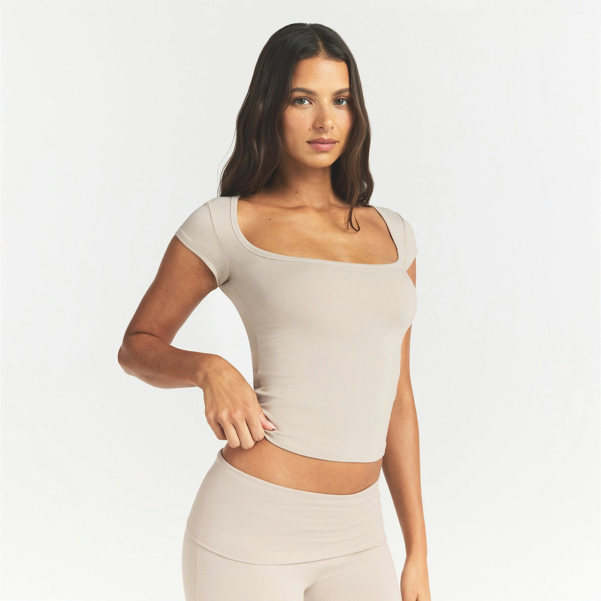 COTTON JERSEY SCOOP NECK T-SHIRT - STONE - image 7
