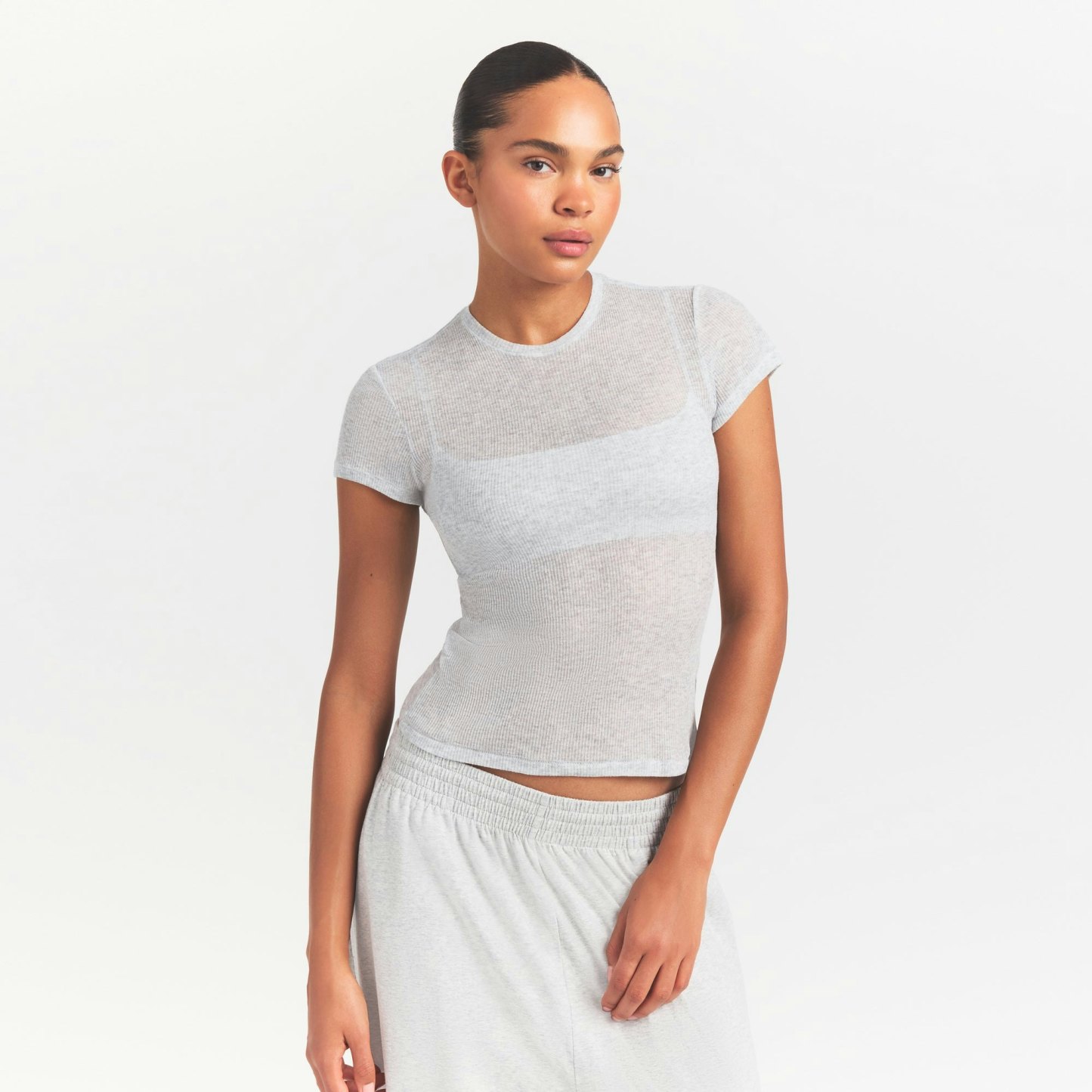 SHEER RIB T-SHIRT - LIGHT HEATHER GREY - image 7