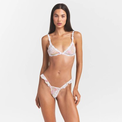 STRETCH LACE BUTTERFLY THONG - SNOW VINTAGE FLORAL PRINT
