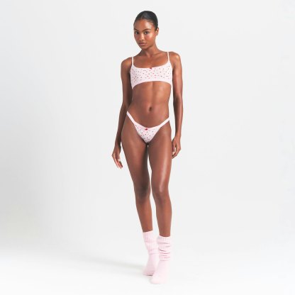 LIGHTWEIGHT COTTON LOGO PICOT THONG - BABY PINK ARROWED HEARTS