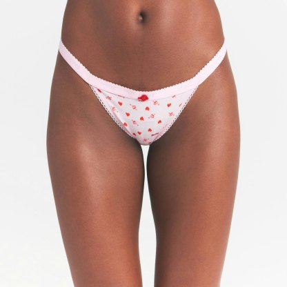LIGHTWEIGHT COTTON LOGO PICOT THONG - BABY PINK ARROWED HEARTS