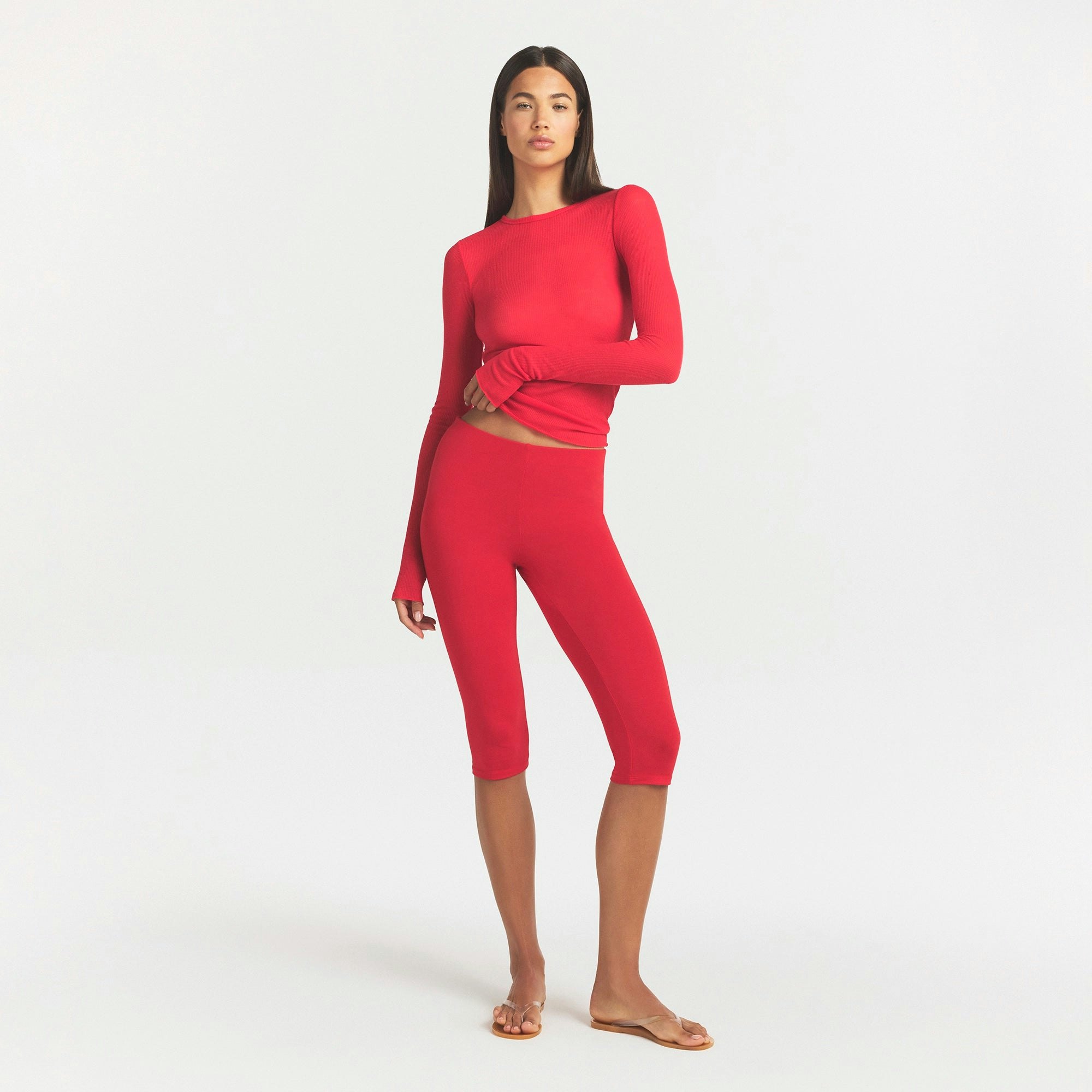 SHEER RIB LONG SLEEVE TOP - CARMINE